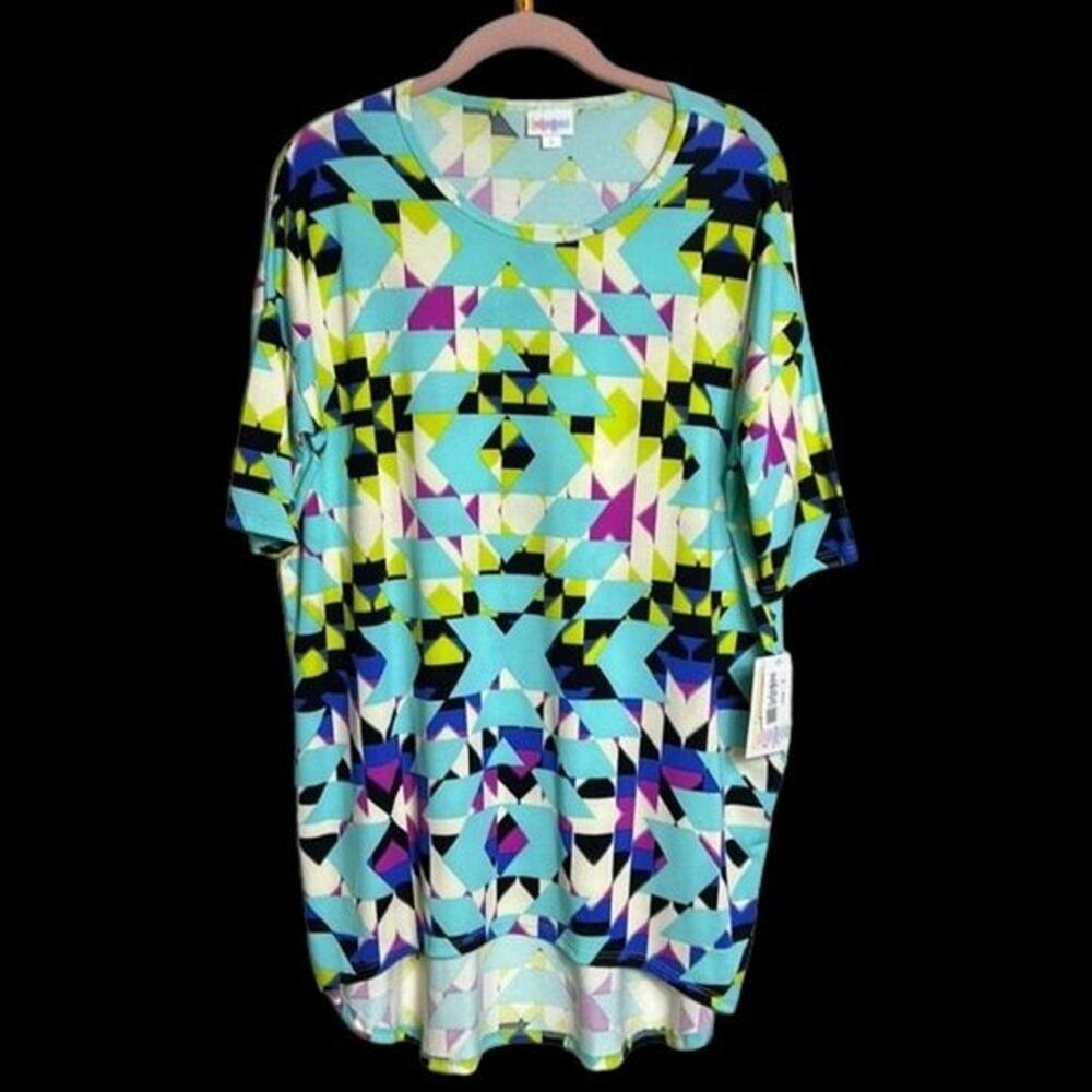S Tunic Hi Low Blouse Festive Geometric Blue NWT LuLaRoe Irma Colorful Casual